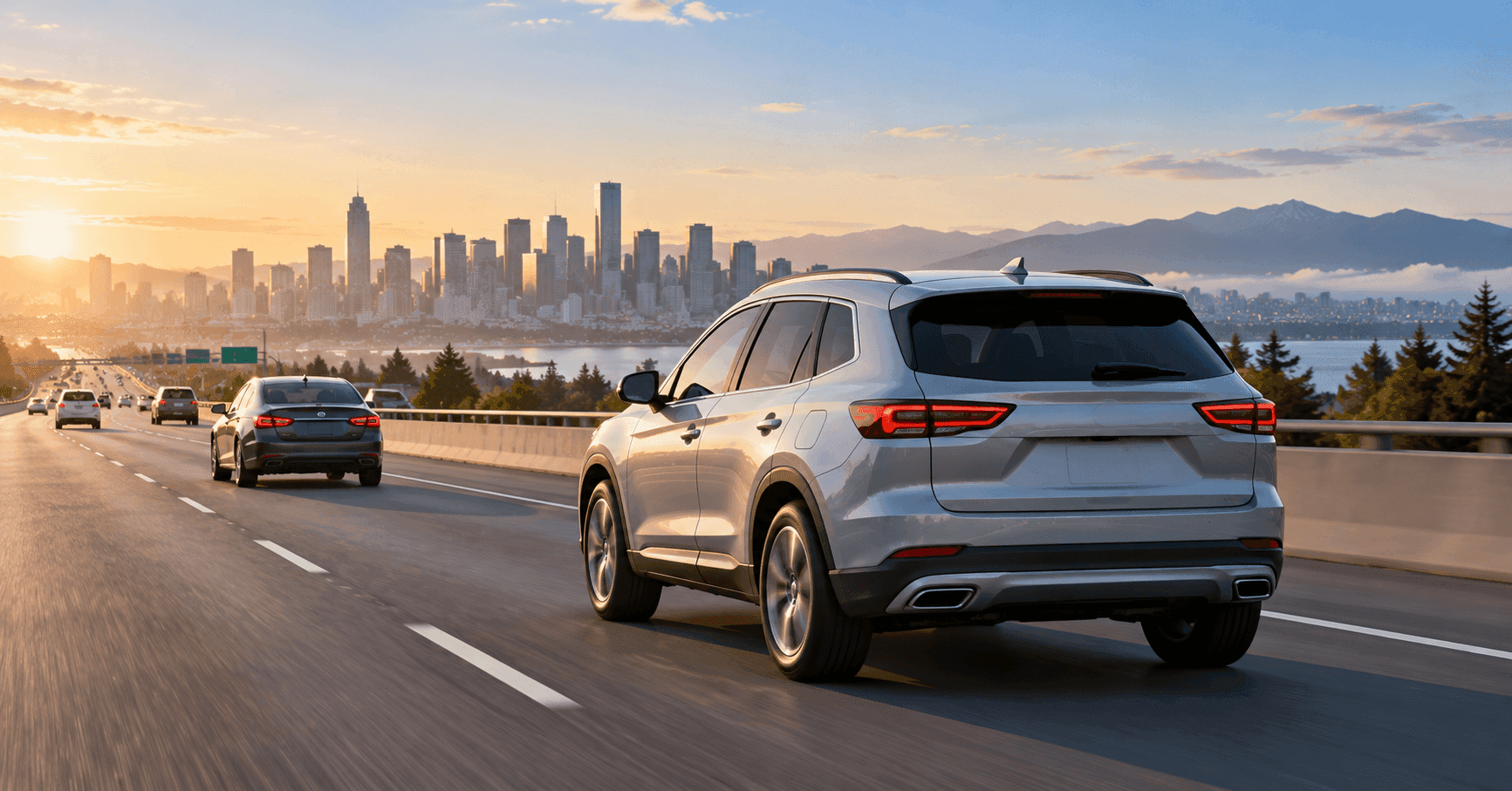 Modern crossover and sedan traveling on a highway during a long morning commute